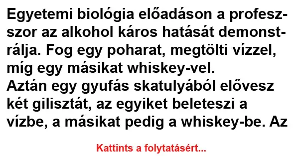 Vicc: Egyetemi biológia előadáson a professzor az alkohol káros…