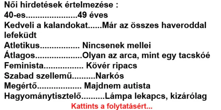 Vicc: Női hirdetések értelmezése