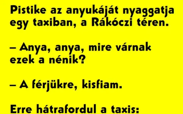 Vicc: Pistike az anyukáját nyaggatja egy taxiban, a Rákóczi téren.