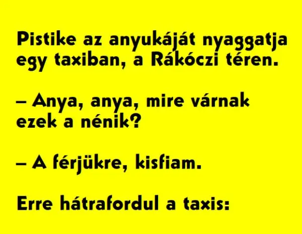 Vicc: Pistike az anyukáját nyaggatja egy taxiban, a Rákóczi téren.