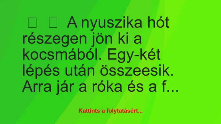 Vicc:
A nyuszika hót részegen jön ki a kocsmából. Egy-két lépés…