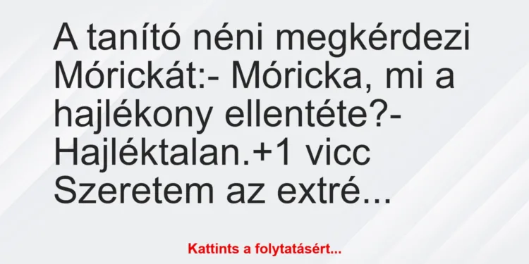 Vicc: A tanító néni megkérdezi Mórickát:– Móricka, mi a hajlékony…