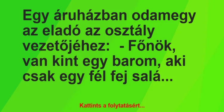 Vicc: Egy áruházban odamegy az eladó az osztály vezetőjéhez:– Főnök,…