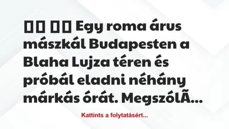 Vicc: 
		  
		  Egy roma árus mászkál Budapesten a Blaha Lujza…