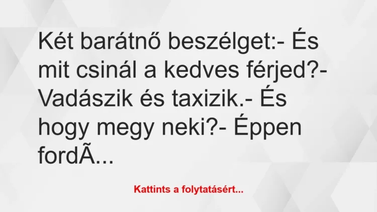 Vicc: Két barátnő beszélget:

– És mit csinál a kedves férjed?

-…