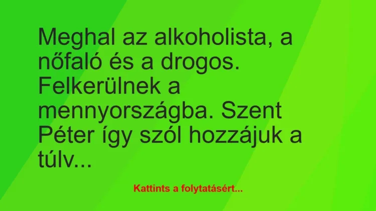 Vicc: Meghal az alkoholista, a nőfaló és a drogos. Felkerülnek a…