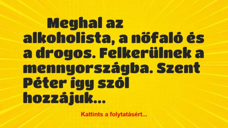 Vicc: 
		  
		  Meghal az alkoholista, a nőfaló és a drogos….