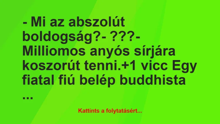 Vicc: – Mi az abszolút boldogság?– ???– Milliomos anyós sírjára…