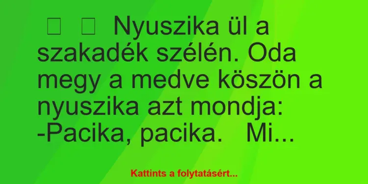 Vicc:
Nyuszika ül a szakadék szélén. Oda megy a medve köszön a…