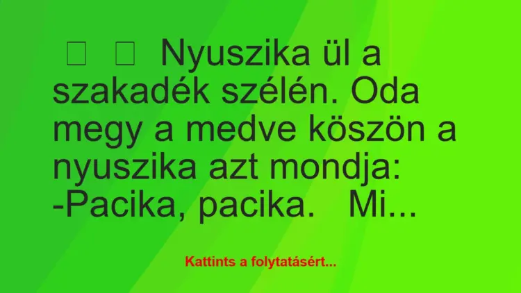 Vicc:
Nyuszika ül a szakadék szélén. Oda megy a medve köszön a…