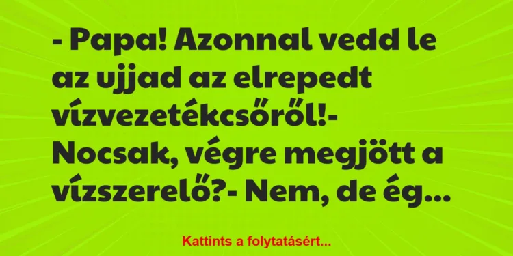 Vicc: – Papa! Azonnal vedd le az ujjad az elrepedt vízvezetékcsőről!-…