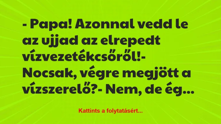 Vicc: – Papa! Azonnal vedd le az ujjad az elrepedt vízvezetékcsőről!-…