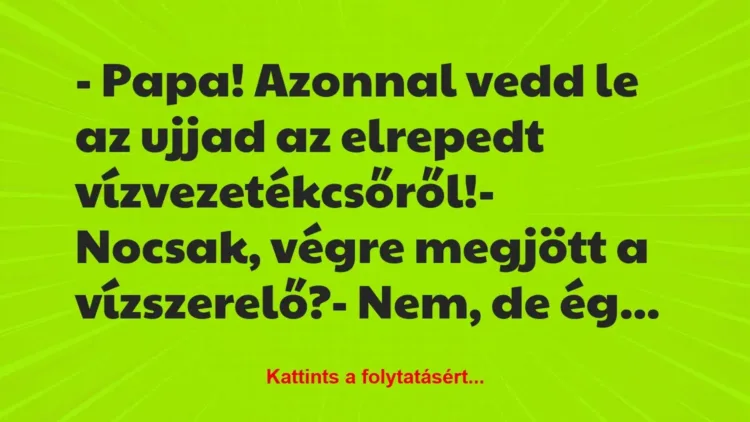 Vicc: – Papa! Azonnal vedd le az ujjad az elrepedt vízvezetékcsőről!

-…