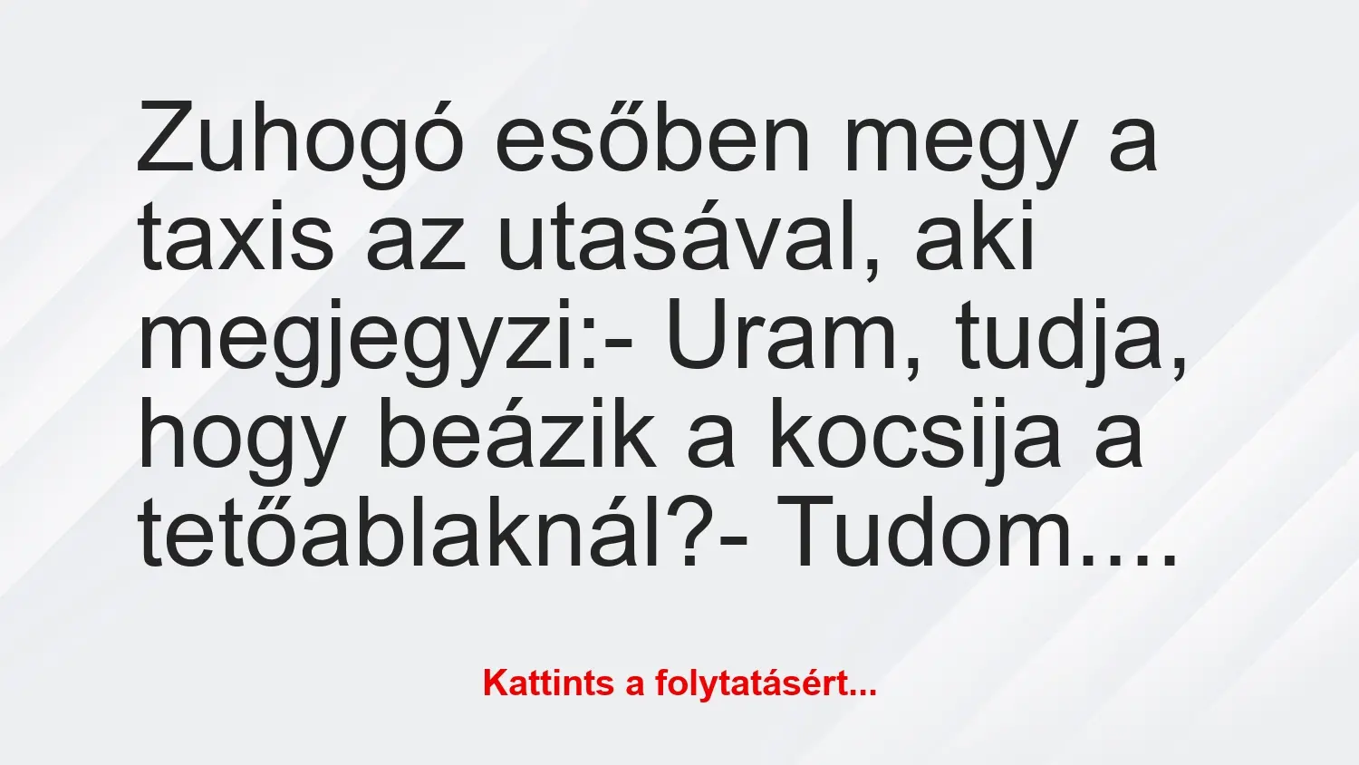 Vicc: Zuhogó esőben megy a taxis az utasával, aki megjegyzi:

– Uram,…