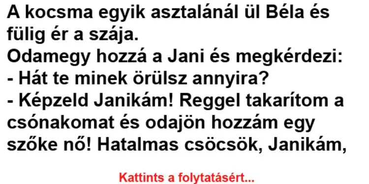 Vicc: Vicc: A kocsma egyik asztalánál ül Béla és fülig ér a szája.