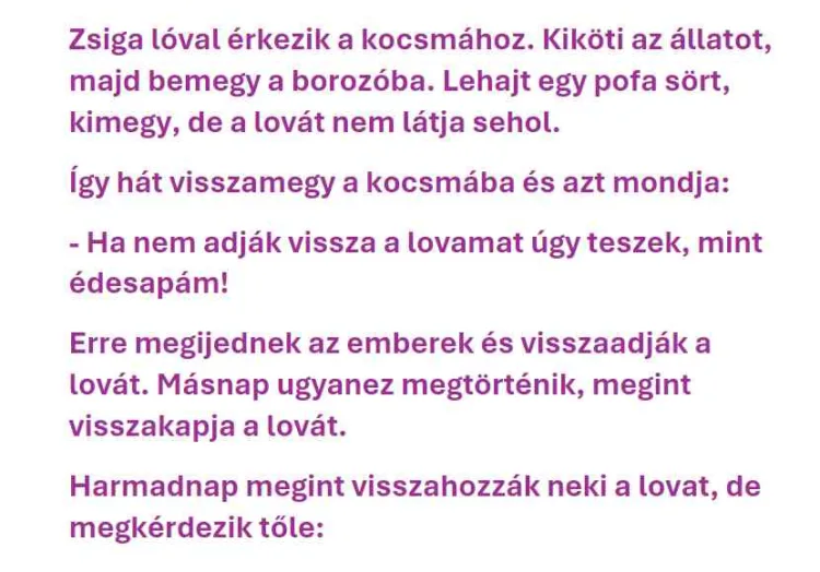 Vicc: Zsiga lóval érkezik a kocsmához