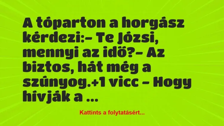 Vicc: A tóparton a horgász kérdezi:

– Te Józsi, mennyi az idő?

– A…