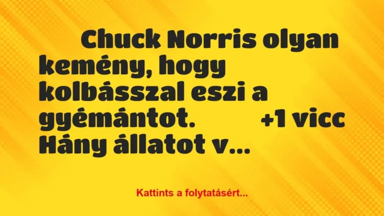 Vicc: 
		  
		  Chuck Norris olyan kemény, hogy kolbásszal eszi a…