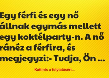 Vicc: Egy férfi és egy nő állnak egymás mellett egy koktélparty-n. A nő…