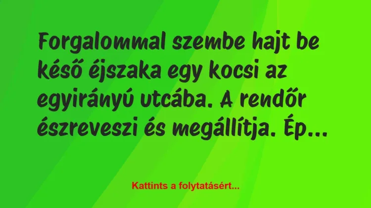 Vicc: Forgalommal szembe hajt be késő éjszaka egy kocsi az egyirányú utcába….