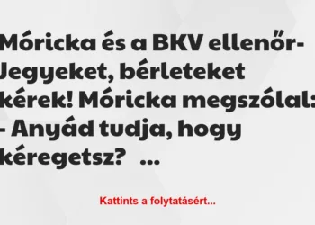 Vicc: – Jegyeket, bérleteket kérek!
Móricka megszólal:
– Anyád tudja, hogy…