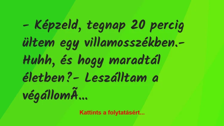 Vicc: – Képzeld, tegnap 20 percig ültem egy villamosszékben.– Huhh, és…