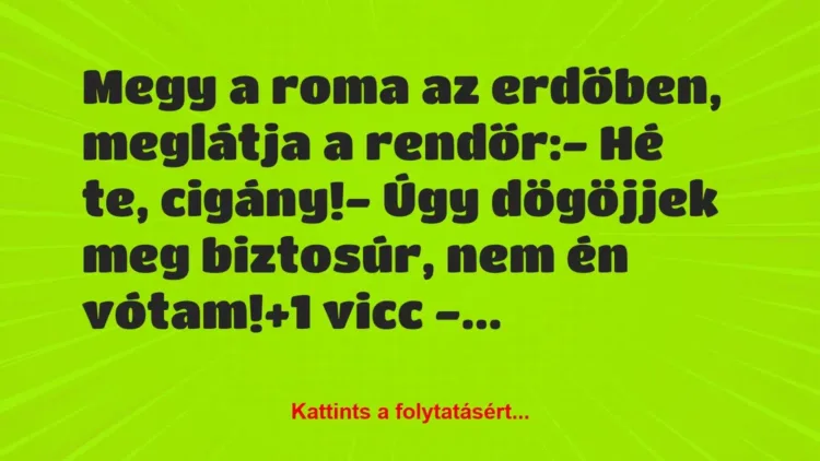 Vicc: Megy a roma az erdőben, meglátja a rendőr:

– Hé te,…