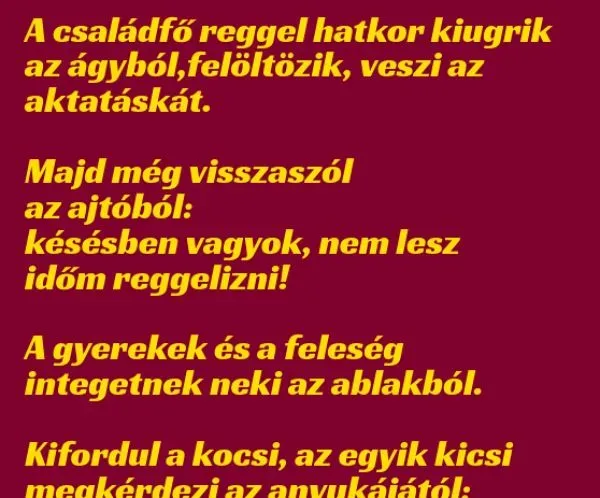 Vicc: A családfő reggel hatkor kiugrik az ágyból, felöltözik, veszi az…