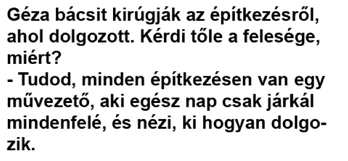 Vicc: Humor: Géza bácsit kirúgják az építkezésről, ahol dolgozott -…