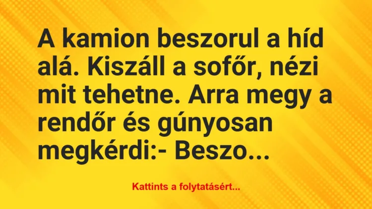 Vicc: A kamion beszorul a híd alá. Kiszáll a sofőr, nézi mit tehetne. Arra…