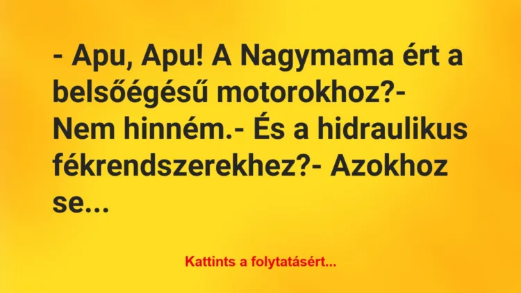 Vicc: – Apu, Apu! A Nagymama ért a belsőégésű motorokhoz?– Nem…