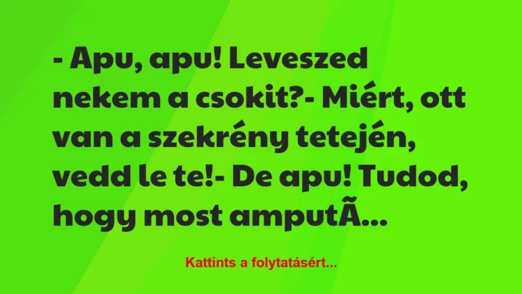 Vicc: – Apu, apu! Leveszed nekem a csokit?

– Miért, ott van a szekrény…