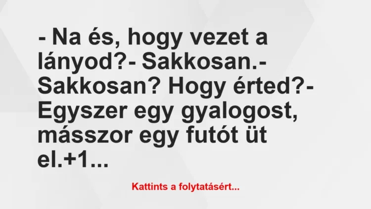 Vicc: – Na és, hogy vezet a lányod?

– Sakkosan.

– Sakkosan? Hogy…