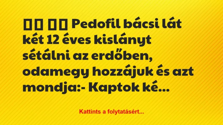 Vicc: 
		  
		  Pedofil bácsi lát két 12 éves kislányt sétálni az…