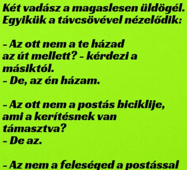 Vicc: A vadász a magaslesről távcsövével nézelődik