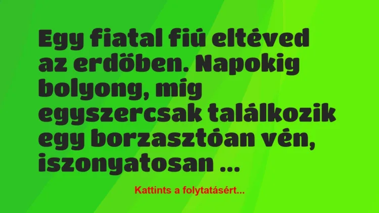 Vicc: Egy fiatal fiú eltéved az erdőben. Napokig bolyong, míg egyszercsak…