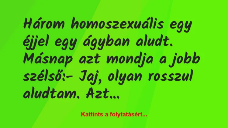 Vicc: Három homoszexuális egy éjjel egy ágyban aludt. Másnap azt mondja a…