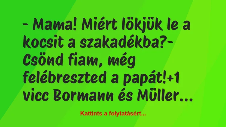 Vicc: – Mama! Miért lökjük le a kocsit a szakadékba?

– Csönd fiam, még…