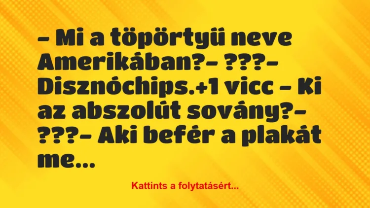 Vicc: – Mi a töpörtyű neve Amerikában?

– ???

– Disznóchips.