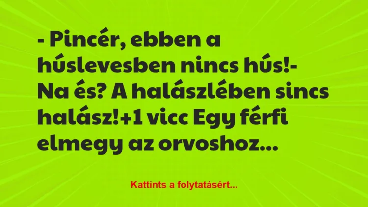 Vicc: – Pincér, ebben a húslevesben nincs hús!

– Na és? A halászlében…