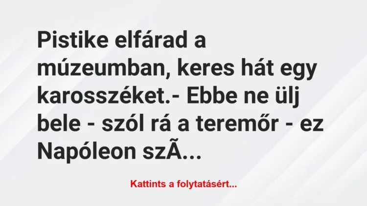 Vicc: Pistike elfárad a múzeumban, keres hát egy karosszéket.

– Ebbe ne…