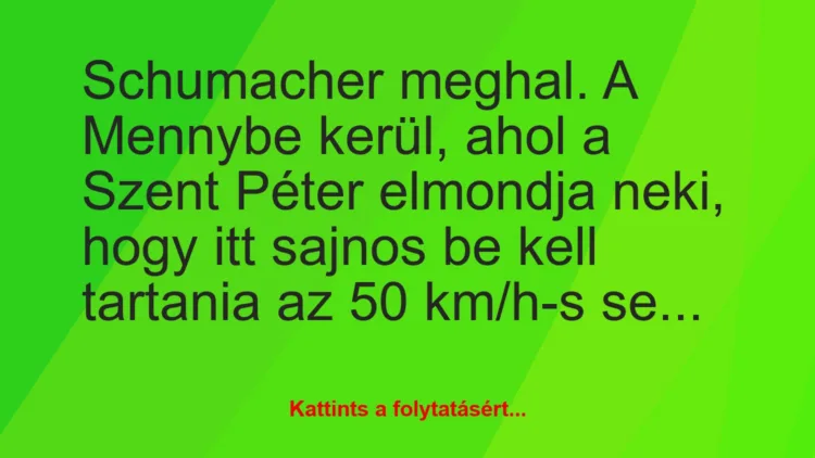 Vicc: Schumacher meghal. A Mennybe kerül, ahol a Szent Péter elmondja neki,…