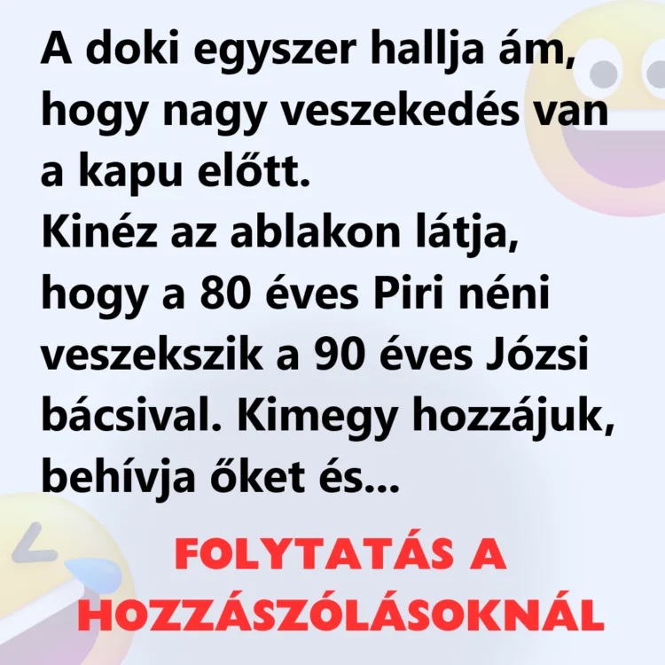 Vicc: A doki egyszer hallja ám, hogy nagy veszekedés van a kapu előtt