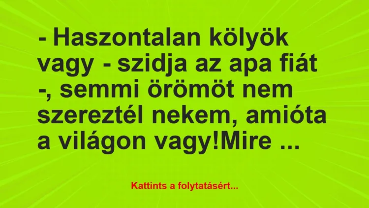 Vicc: – Haszontalan kölyök vagy – szidja az apa fiát -, semmi örömöt nem…