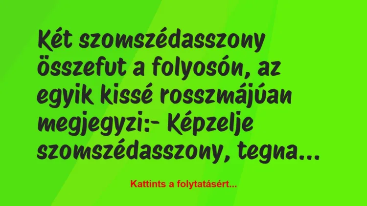 Vicc: Két szomszédasszony összefut a folyosón, az egyik kissé rosszmájúan…