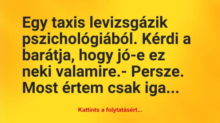 Vicc: Egy taxis levizsgázik pszichológiából. Kérdi a barátja, hogy jó-e ez…