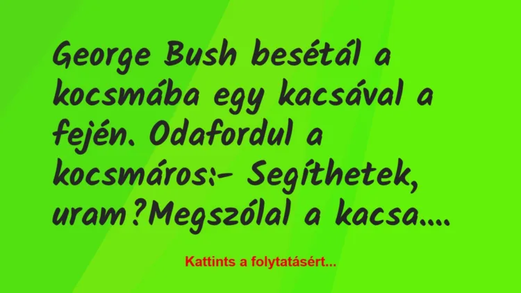 Vicc: George Bush besétál a kocsmába egy kacsával a fején. Odafordul a…