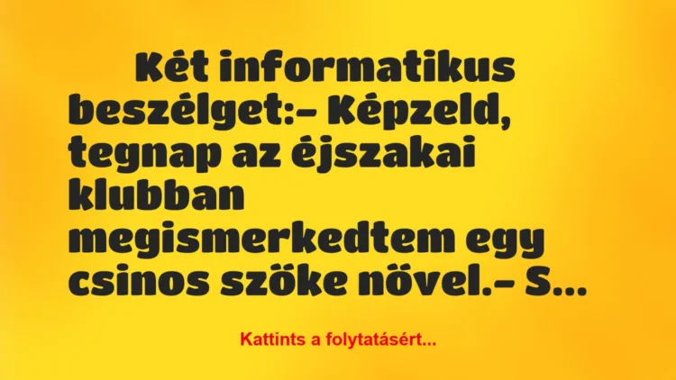 Vicc: 
		  
		  Két informatikus beszélget:- Képzeld, tegnap …