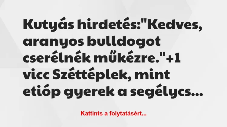 Vicc: Kutyás hirdetés:

„Kedves, aranyos bulldogot cserélnék műkézre.”