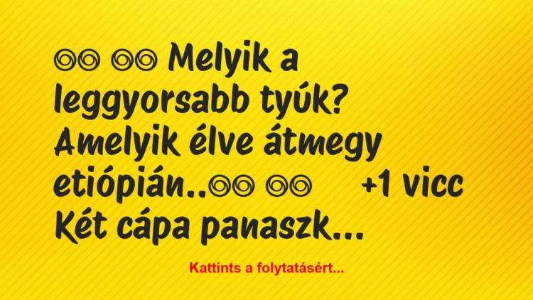 Vicc: 
		  
		  Melyik a leggyorsabb tyúk? Amelyik élve…